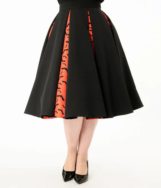 Unique Vintage Plus Size Black & Orange Bats Pleated Swing Skirt | UniqueVintage