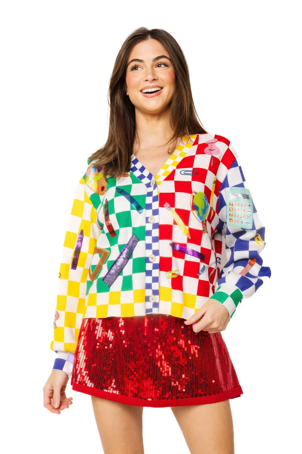 Rainbow Checkered School Supplies Cardigan | Queen of Sparkles