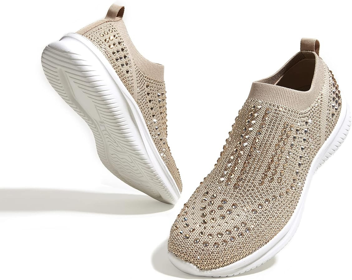 BELOS Women's Rhinestone Mesh Slip On Walking Shoes Fashion Breathable Spakle Glitter Sneaker | Amazon (US)