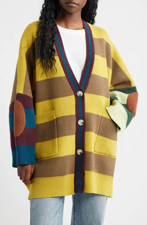 Dressed in Lala Your Grandpa Wears Lala Oversize Cotton Blend Cardigan in Yellow And Tan Strip at Nordstrom, Size Small/medium | Nordstrom