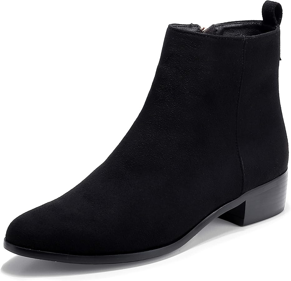 IDIFU Women's Romy Classic Pointed Toe Ankle Boots Side Zipper Low Block Heel Dress Booties | Amazon (US)