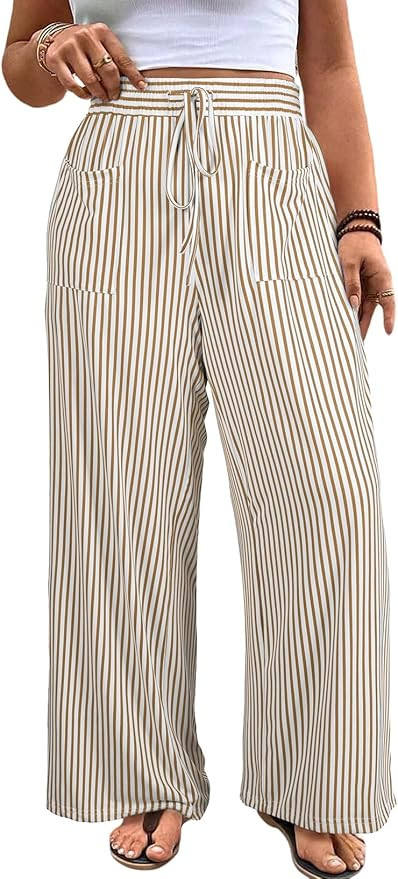 Eytino Womens Plus Size Wide Leg Pants Elastic High Waist Striped Casual Palazzo Pants Lounge Tro... | Amazon (US)