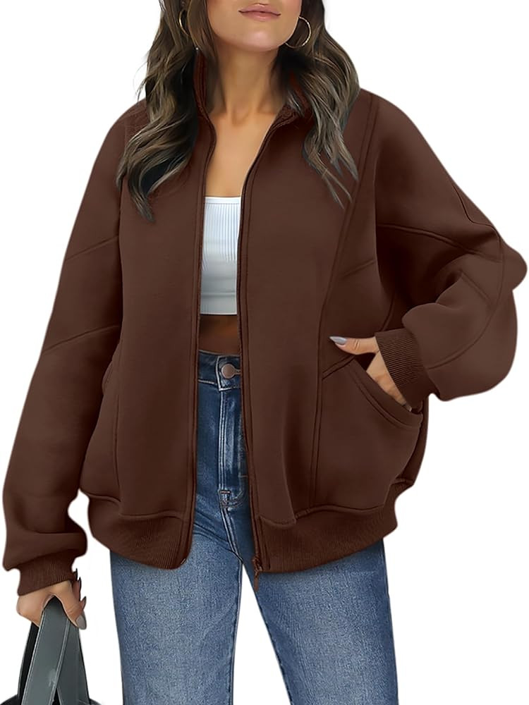 ANRABESS Women's Oversized Full Zip Up Sweatshirts Jacket 2024 Fall Fleece Long Sleeve Hoodies Ou... | Amazon (US)