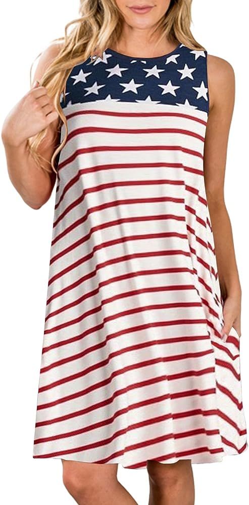 ZESICA Women's Summer Sleeveless Damask Print Pocket Loose T-Shirt Dress | Amazon (US)