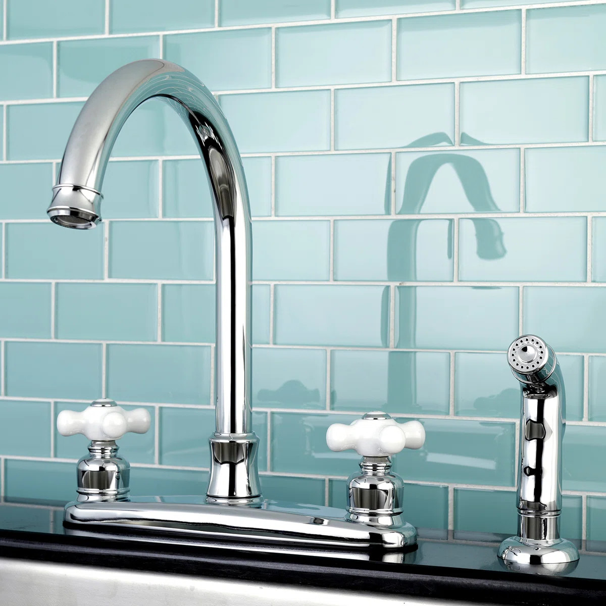 Kingston Brass Victorian Two-Handle 4-Hole 8" Centerset Kitchen Faucet with Side Sprayer & Review... | Birch Lane