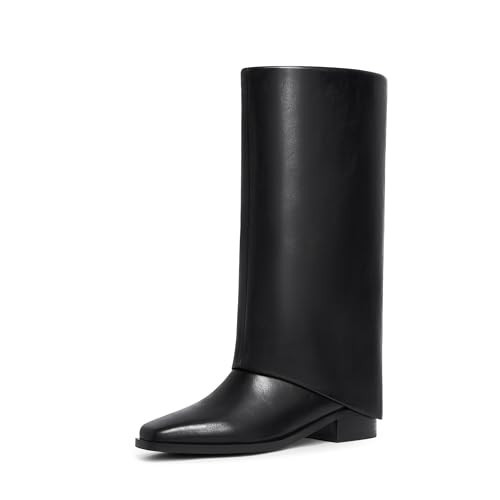 Modatope Black Mid Calf Boots for Women Fold Over Boots Square Toe Flat boots Slouch Riding Boots Slip On Size 8.5 | Amazon (US)