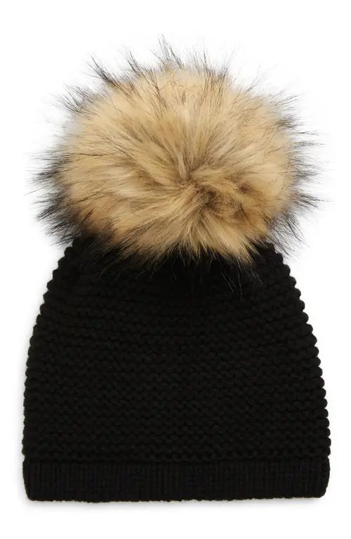 Kyi Kyi Wool Blend Beanie with Faux Fur Pom in Black/Natural at Nordstrom | Nordstrom