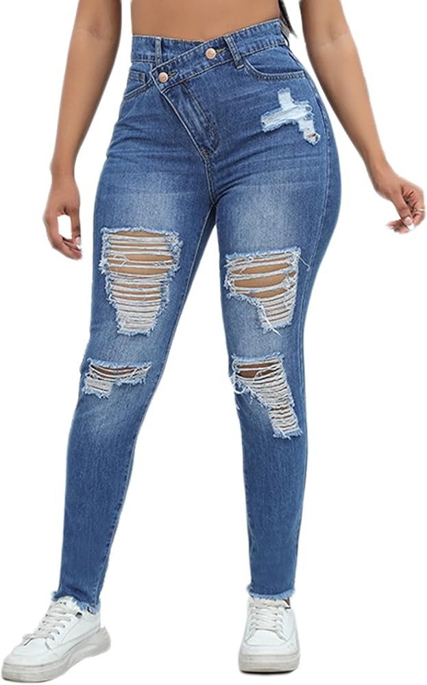Romastory Womens Jeans High Waisted Ripped Stretchy Pants Classic Distressed Jeans for Women | Amazon (US)