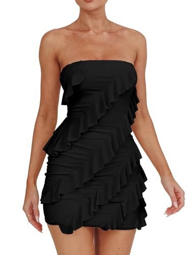 HOCILLE Women's Sexy Strapless Tube Top Bodycon Sleeveless Ruffle Mini Party Dress, Small, Black | Amazon (US)