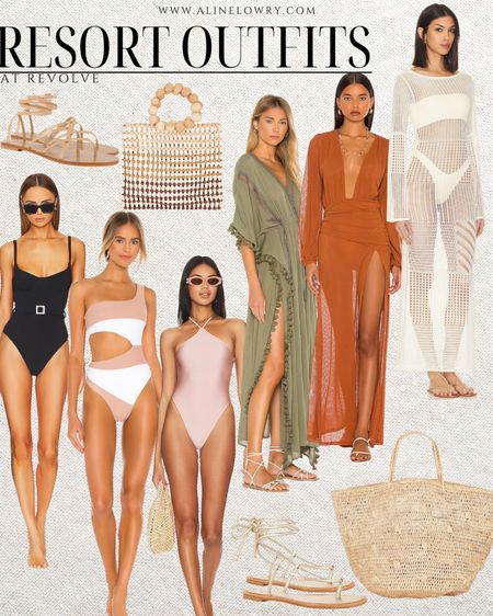 Resort Outfits at Revolve. Cover-ups, one piece swimsuit, sandals, beach tote and bag. Beach wear. Stylish beach outfit. 

#LTKstyletip #LTKover40 #LTKSeasonal