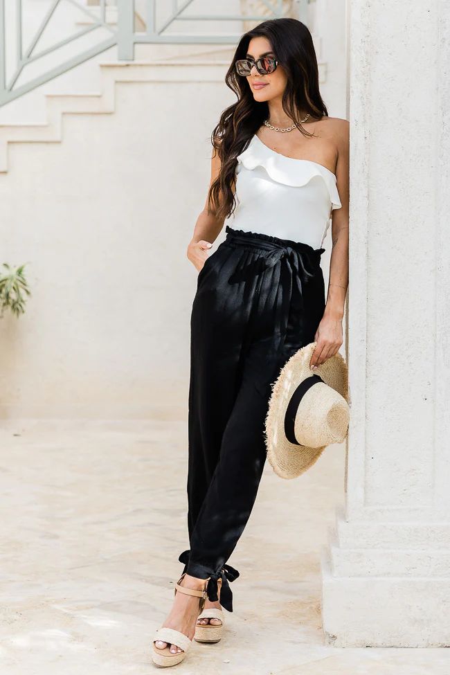 Here We Go Black Ankle Tie Linen Blend Pants | Pink Lily