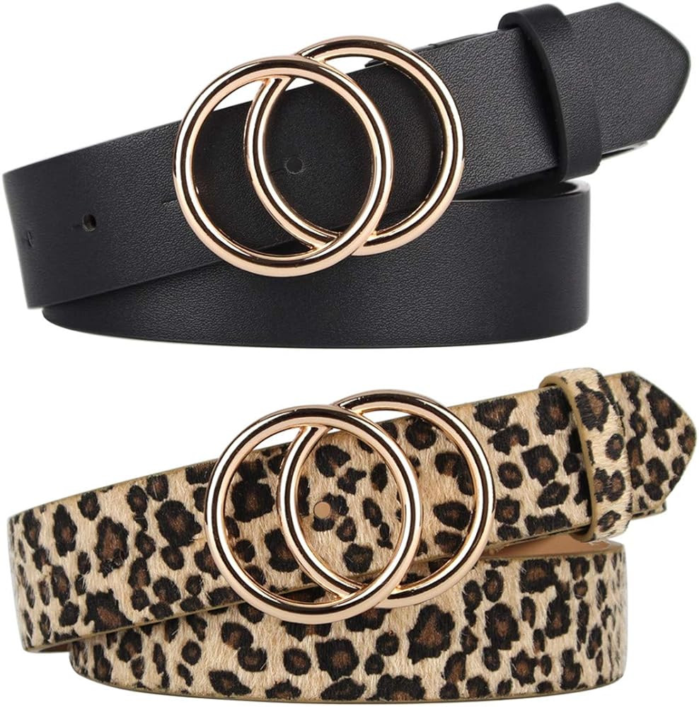 Pack 2 Women Belts for Jeans with Fashion Double O-Ring Buckle and Faux Leather | Amazon (US)