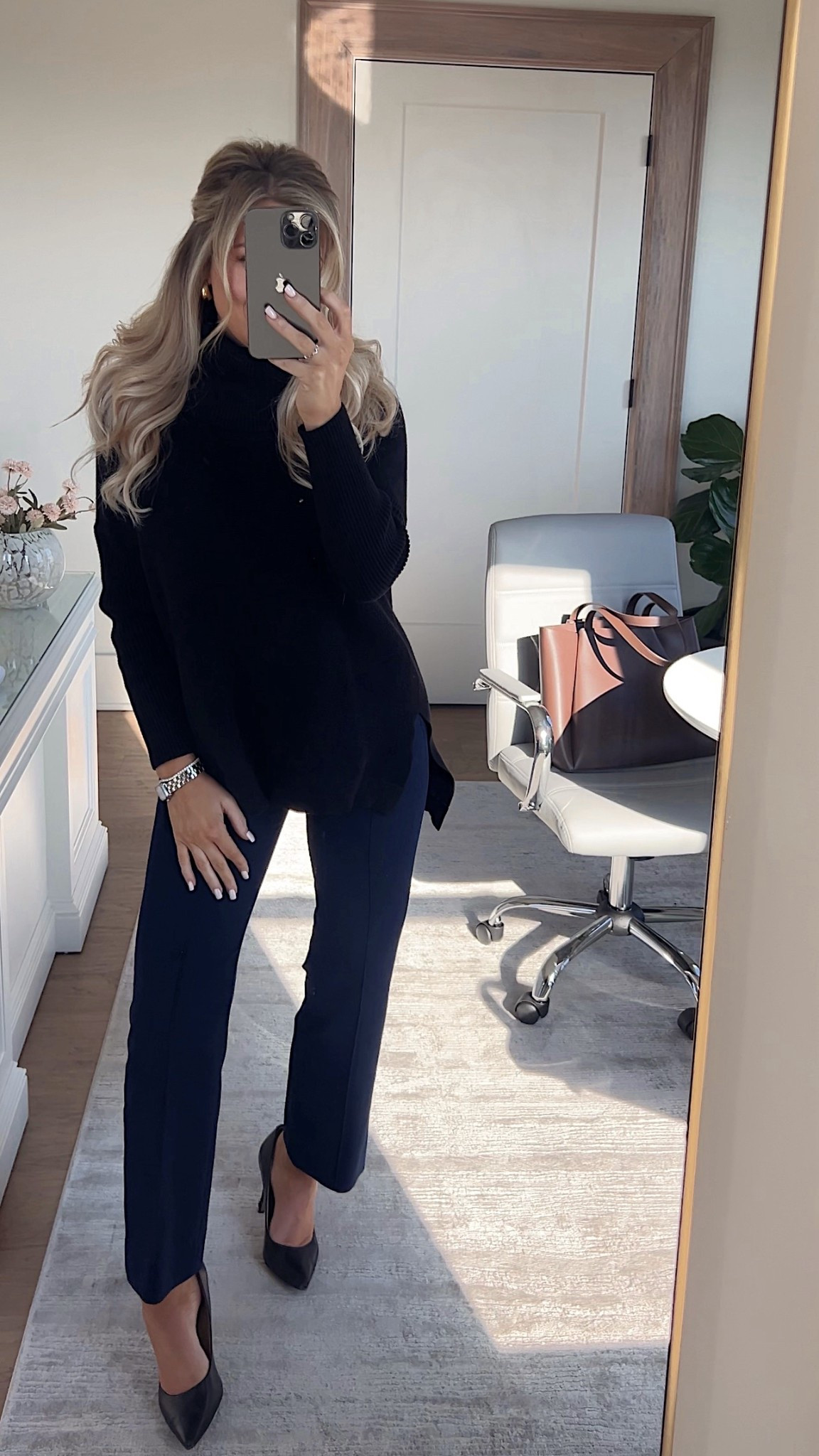 Loving this cozy black and navy winter office outfit! These navy trousers are a go to staple of mine! They fit so well and I love the tailored look! 

#LTKFindsUnder50 #LTKWorkwear #LTKootd