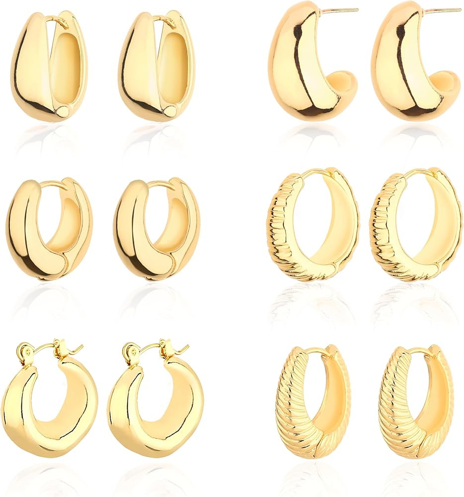 Wgoud 6 Pairs Chunky Gold Hoop Earrings for Women, 14K Gold Plated Hoop Earrings Hypoallergenic, ... | Amazon (US)