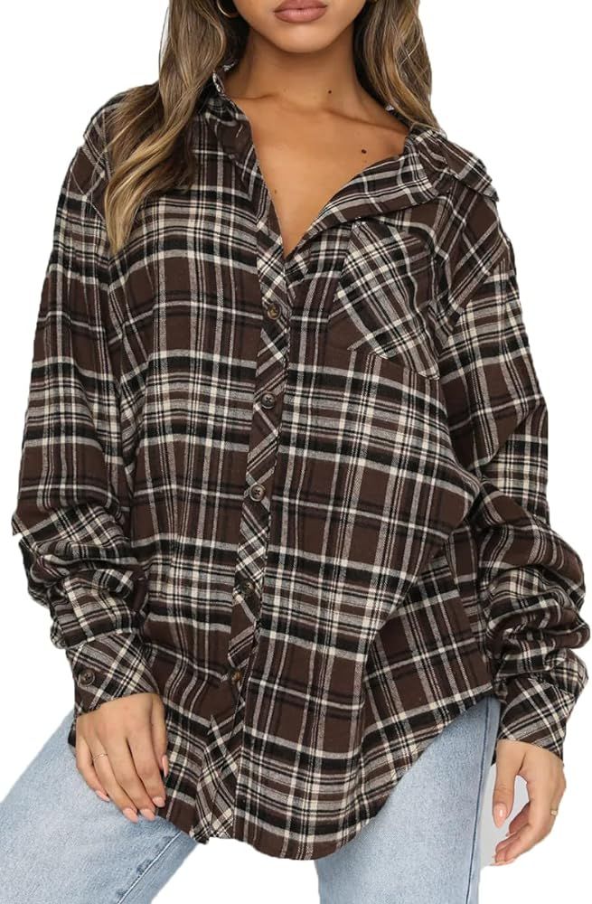 CHYRII Womens Button Down Flannel Shirts Long Sleeve Plaid Shackets Business Casual Blouse Top | Amazon (US)