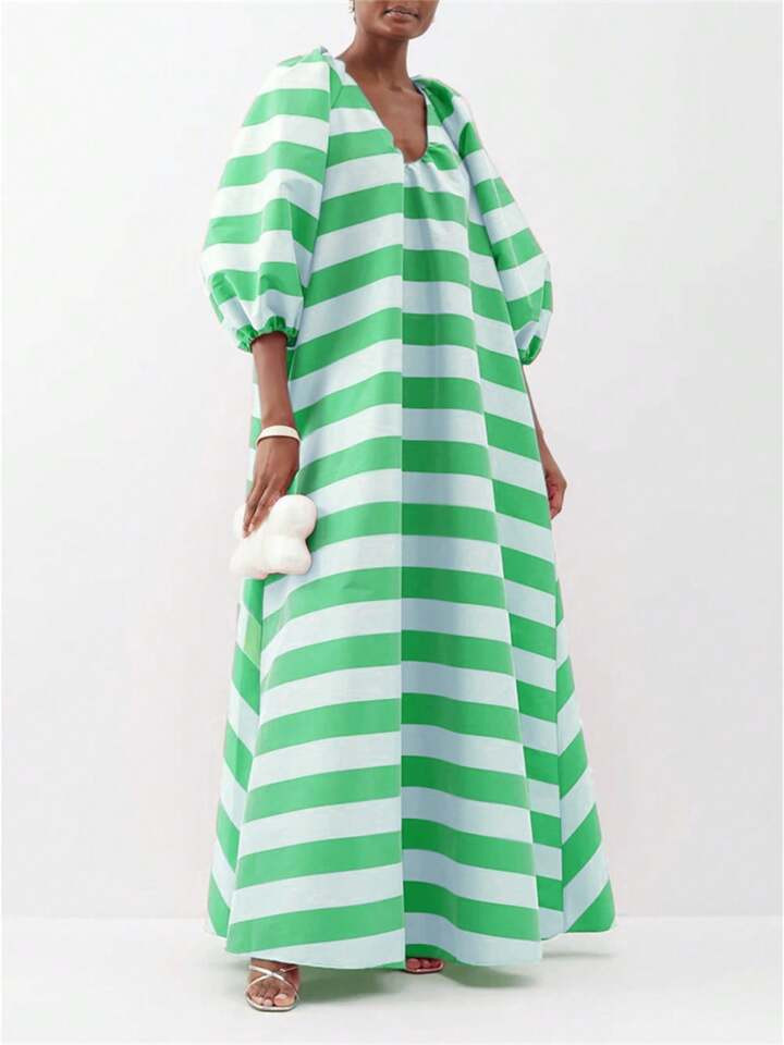 Romantic Striped Maxi Dress For Women - Plunging V-Neck With Three-Quarter Bell Sleeves, Loose Fi... | SHEIN