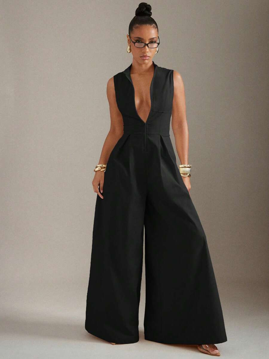 Hauture Extreme Wide Leg Zip Front Sleeveless Black Jumpsuit | SHEIN
