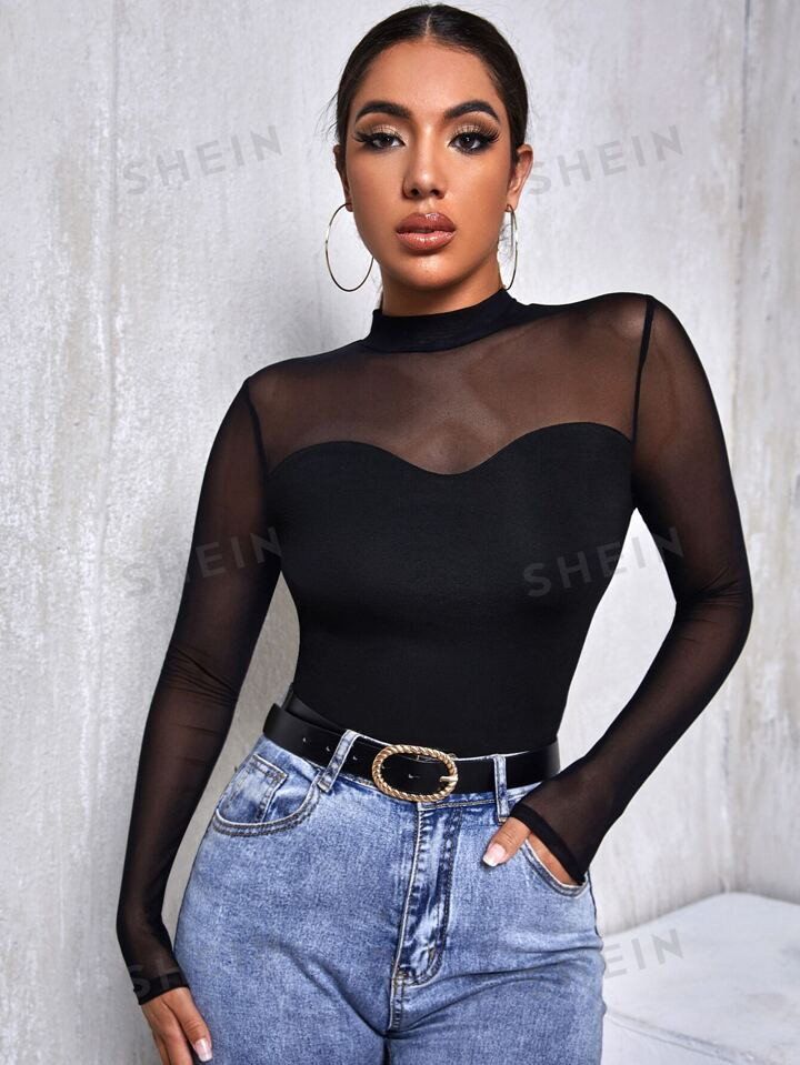 SHEIN Privé Mesh Yoke Solid Tee | SHEIN