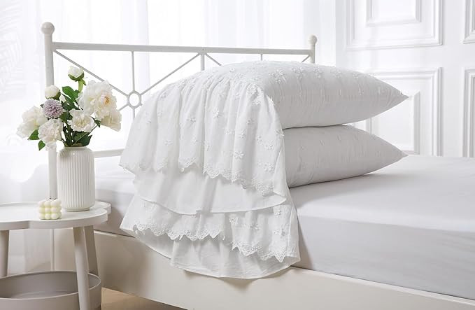 Ivory Lolita 3D Flowers Pillow Shams with Long Ruffles 100% Cotton Off White Lace Pillowcases Sta... | Amazon (US)