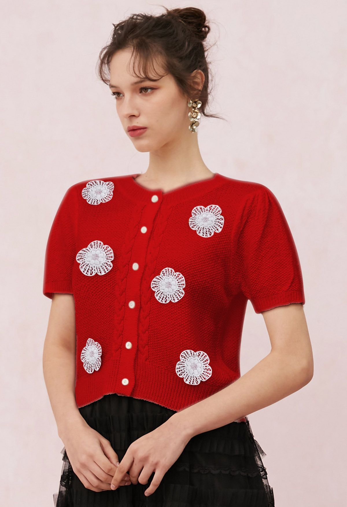 Crochet Flower Adorned Short Sleeve Knit Cardigan in Red | Chicwish