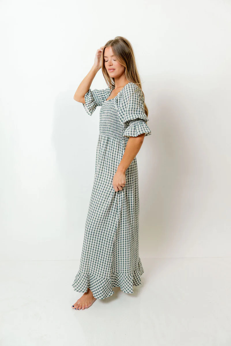 Sienna 100% Cotton Puff Sleeve Maxi Dress in Teal Green Plaid - Bump F | Worth Collective