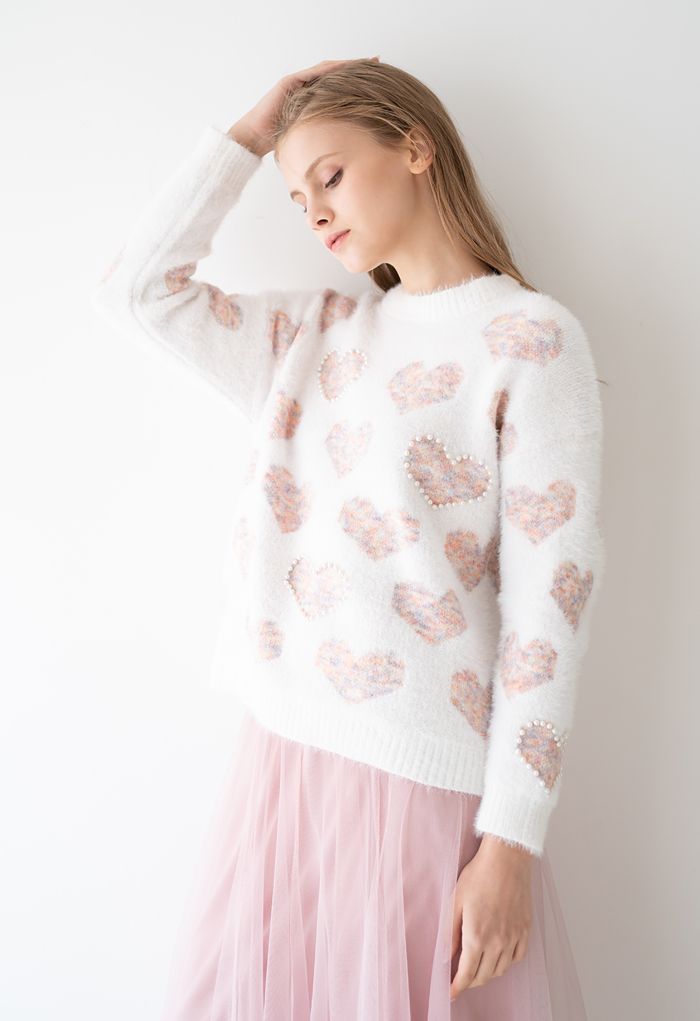Fuzzy Pink Heart Pearl Trim Knit Sweater | Chicwish