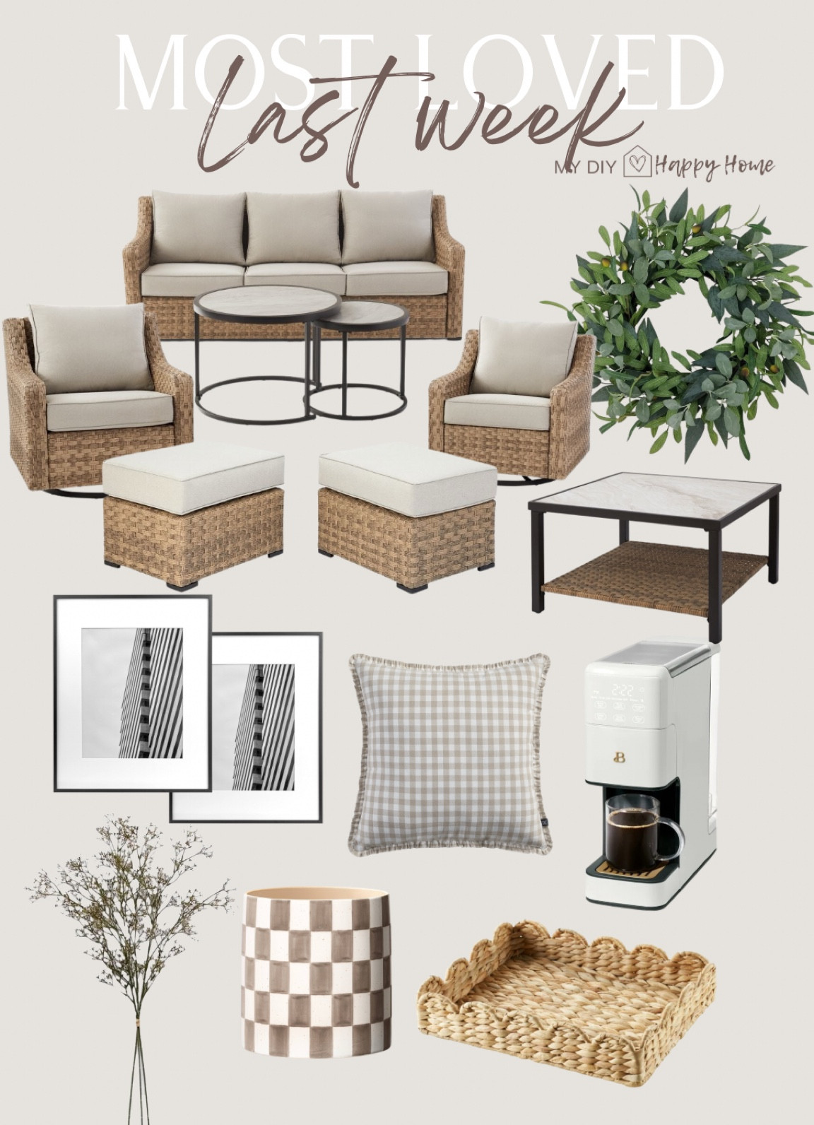 Last weeks most loved:

My outdoor furniture 
Olive wreath 
Gingham double sided pillow 
Coffee maker 
Frames 
Florals 
Checker planter (I use as a utensil holder)
Scallop tray  

#LTKHome #LTKMostLoved #LTKStyleTip
