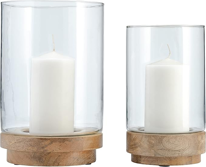 Sagebrook Home Set of 2 Pillar Candle Holders with Glass Hurricane Covers & Wooden Base - Rustic ... | Amazon (US)