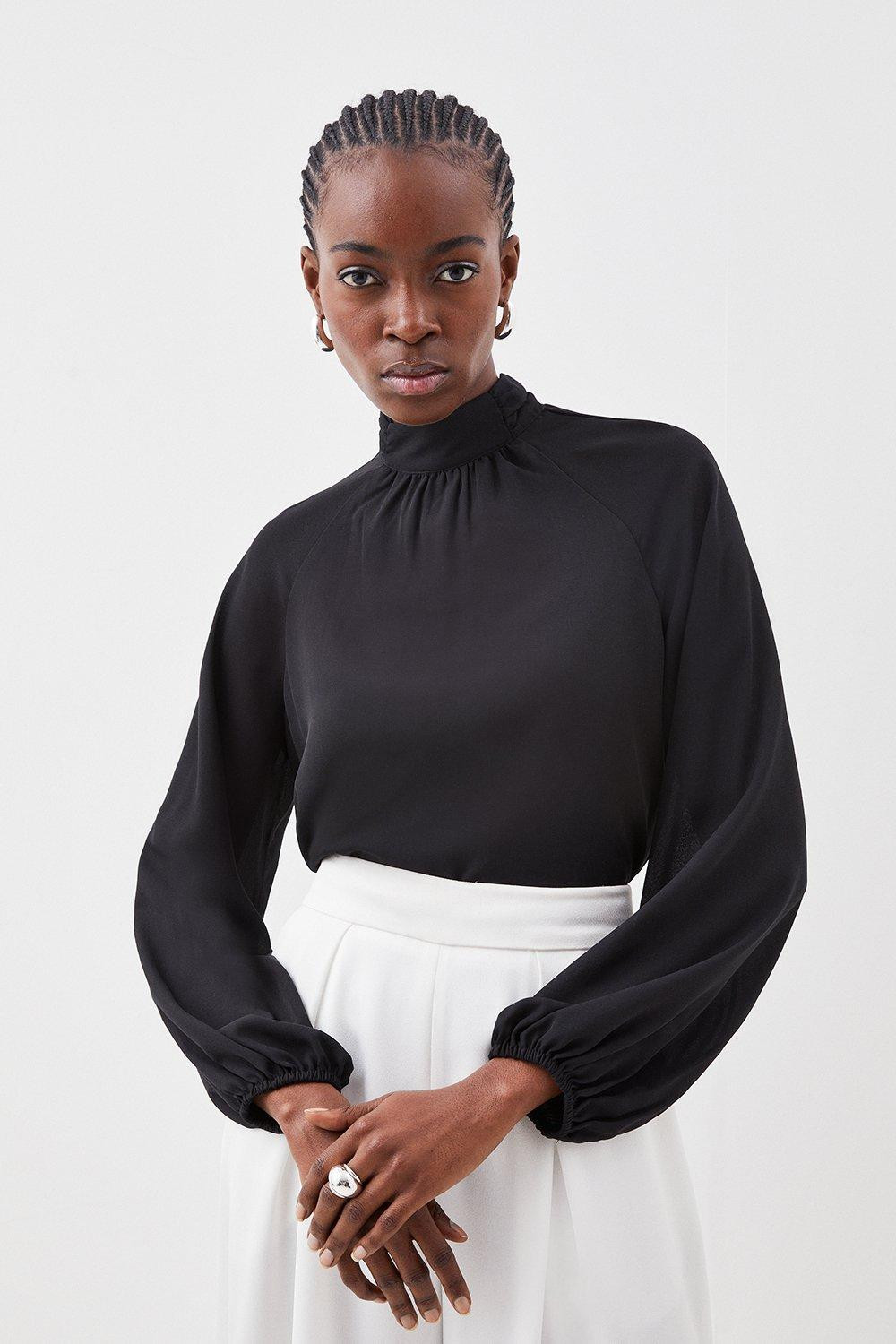 Pleated Georgette High Neck Wide Sleeve Blouse | Karen Millen UK + IE + DE + NL