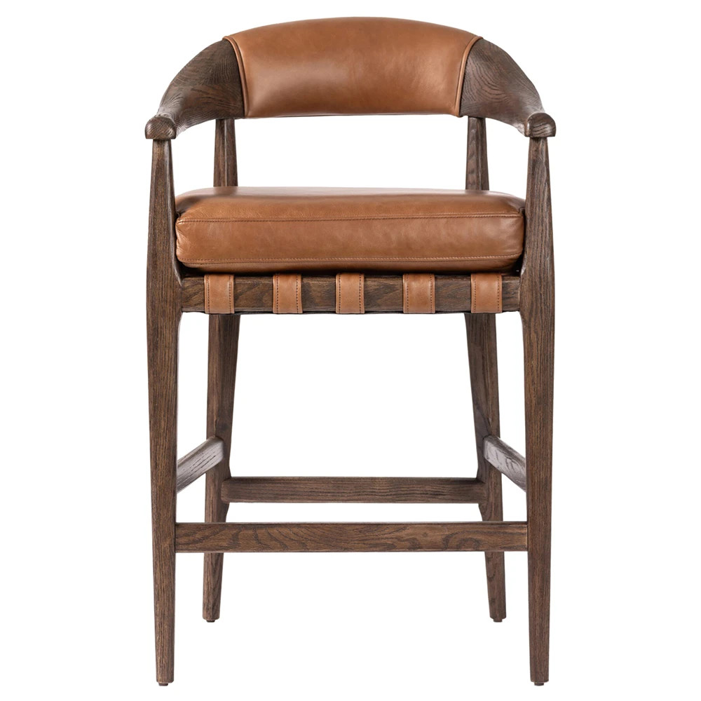 Ilonah Rustic Lodge Brown Leather Oak Wood Counter Stool | Kathy Kuo Home