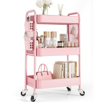 3 Tier Rolling Cart Storage Organizer, Metal Rolling Utility Cart with Wheels, Hooks and Bins Pink-3-Tier 31.1''×17.3''×12'' | Target