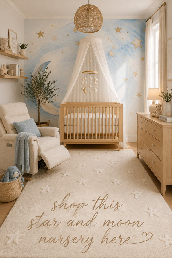 Create the nursery of your dreams with this beautiful star and moon nursery featuring a natural wood crib, cozy recliner