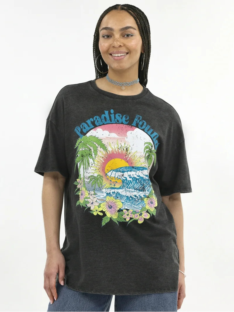 No Boundaries Washed Graphic Boyfriend Tee, Women's | Walmart (US)