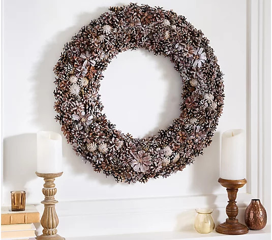 Ebenezer & Co. 28" Flocked Natural Pinecone Wreath - QVC.com | QVC