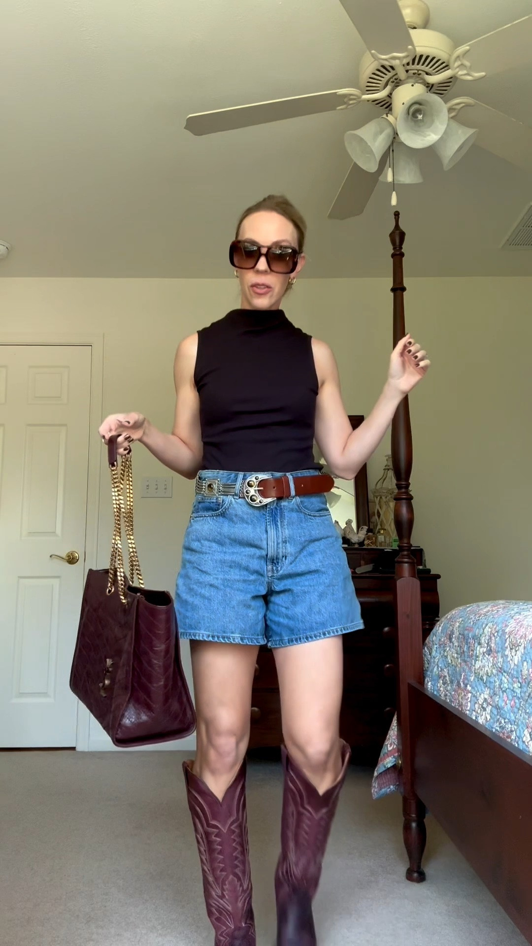 Western fall outfit with mockneck tank, denim shorts, @Zara western belt, @Tecovas burgundy cowboy boots

#LTKootd #LTKgrwm #LTKSeasonal