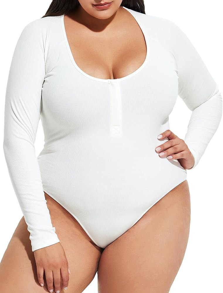 Women's Plus Size Bodysuit Henley Shirt Scoop Neck Ribbed Long Sleeve Top Button Down Bodysuits S... | Amazon (US)