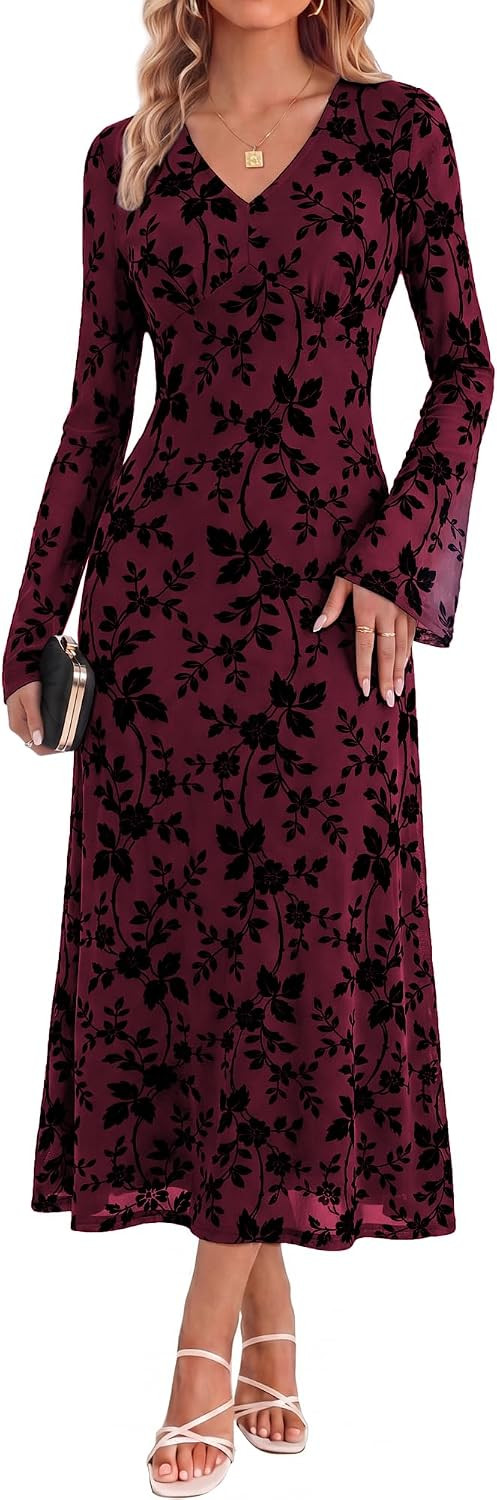 GRACE KARIN Women's Floral Long Sleeve Maxi Dresses Wedding Guest Dress | Amazon (US)