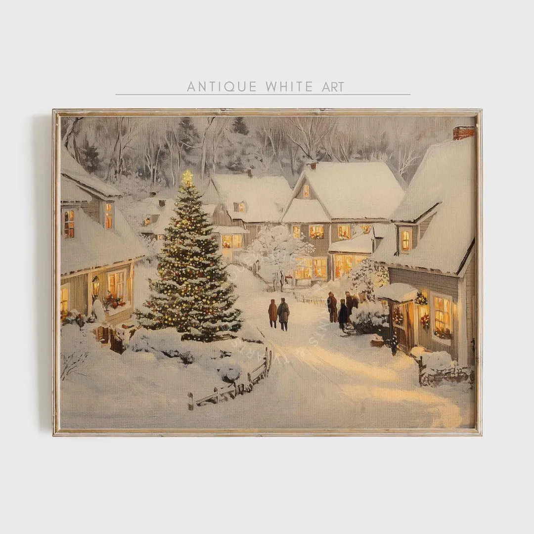 PRINTABLE Christmas Wall Art, Winter Village Oil Painting, Christmas Tree Print, Holiday Decor, V... | Etsy (US)