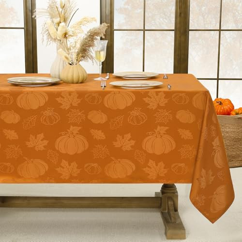 Softalker Fall Jacquard Tablecloth - Thanksgiving Maple Pumpkin Square Table Cover, Autumn Harvest Waterproof Table Cloths Decor for Holiday, Dining, Party - Orange 54 x 54 Inch | Amazon (US)