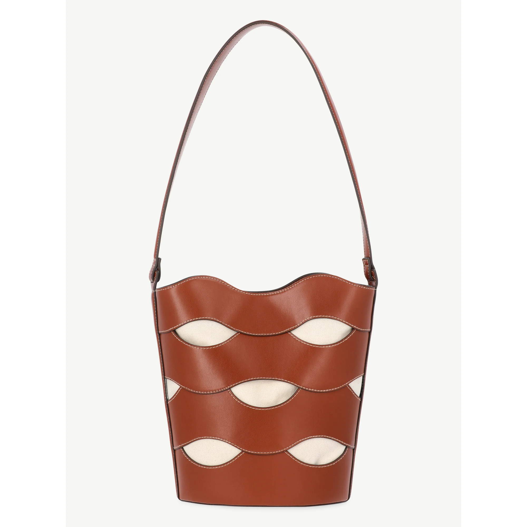 Free Assembly Women's Maria Cut Out Bucket Bag, Cognac/Cream | Walmart (US)
