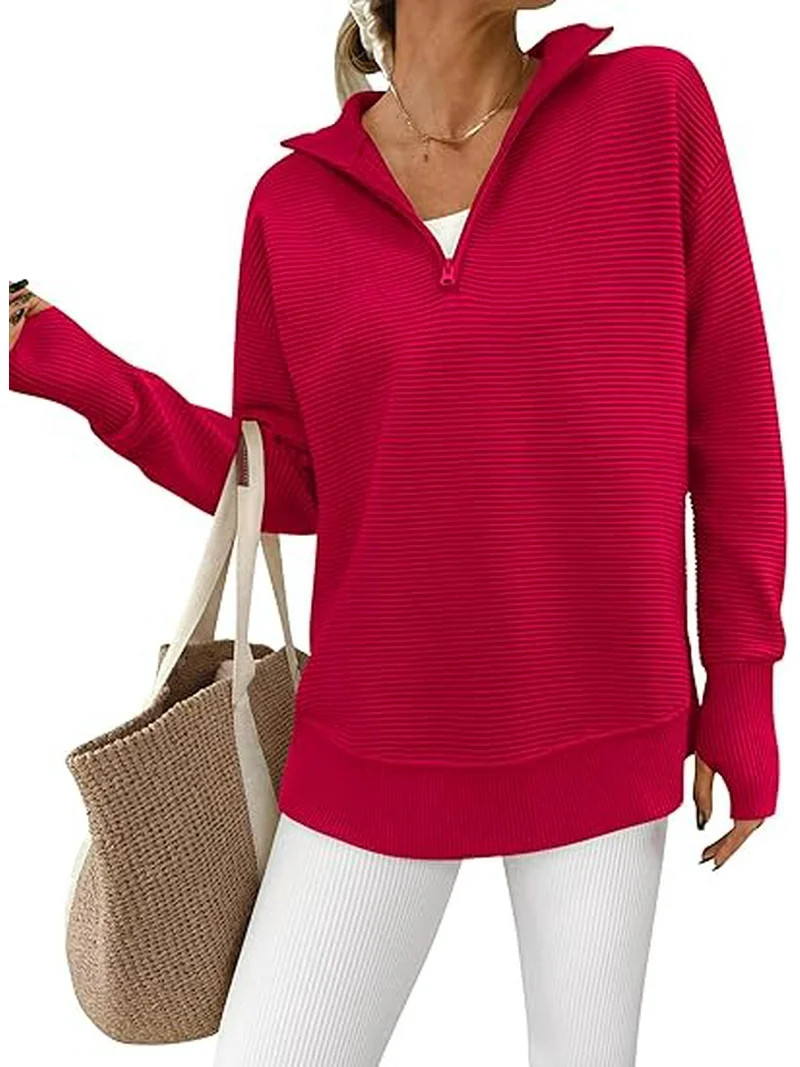 PRETTYGARDEN Womens Long Sleeve Quarter Zip Pullover Sweater Casual Loose V Neck Collared Ribbed ... | Walmart (US)