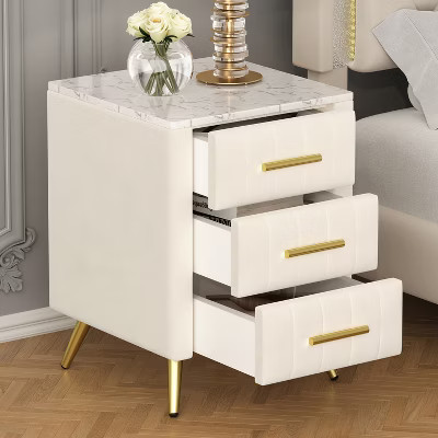 Upholstered Wooden Nightstand, Bedside Table with 3 Drawers and Metal Legs&Handles, Beige-ModernLuxe | Target