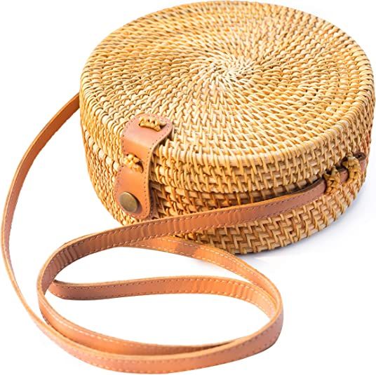 Handwoven Round Rattan Bag Shoulder Leather Straps Natural Chic Hand NATURAL NEO | Amazon (US)