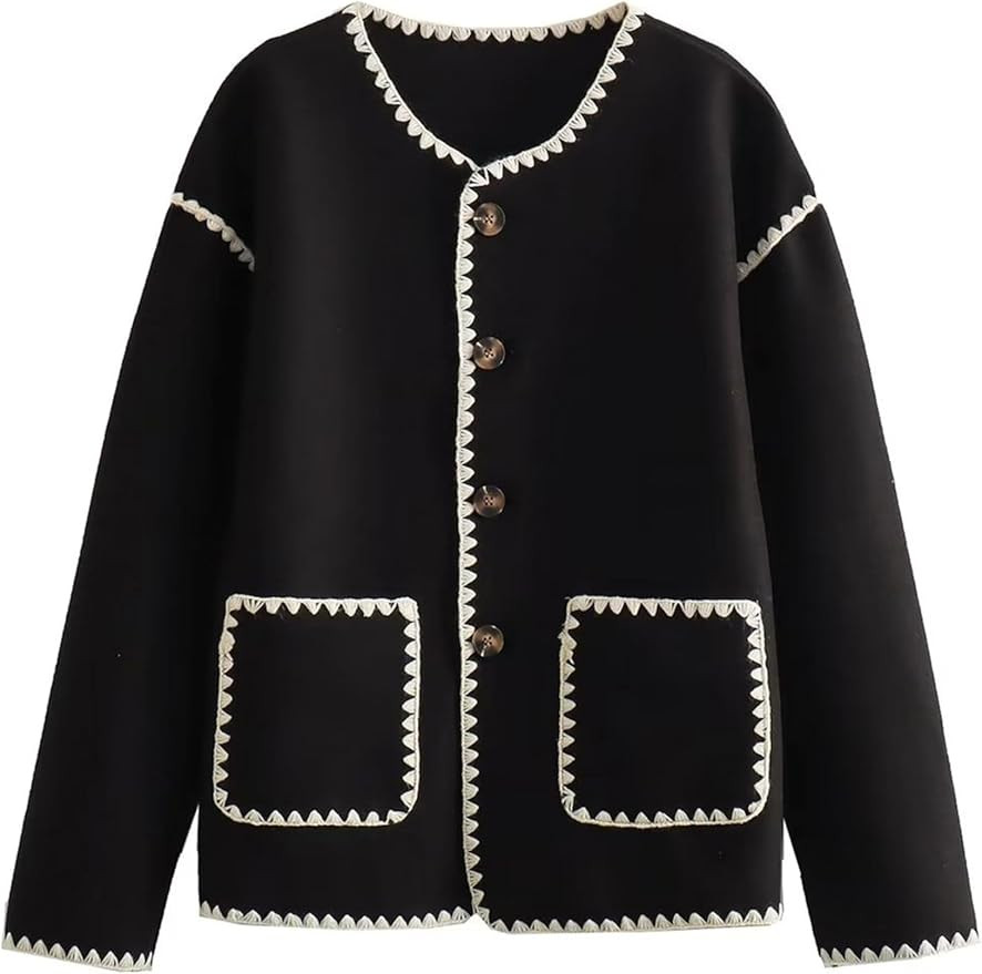 Yeokou Women Wool Blend Jacket Contrast Color Crew Neck Button Down Cardigan Coat Casual Outwear ... | Amazon (US)