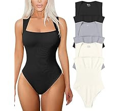 TOB Womens 3 Piece Bodysuits Sexy Ribbed Strappy Square Neck Sleeveless Shapewear Bodysuits | Amazon (US)