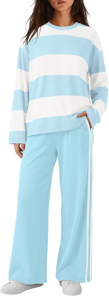 Panadila Womens Striped Lounge Set Long Sleeve Top and Wide Leg Pants | Amazon (US)