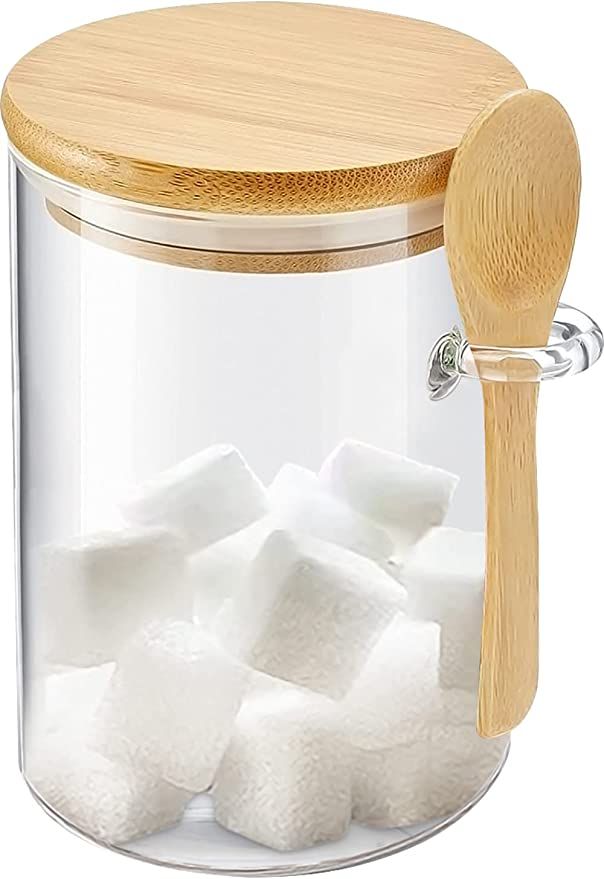 Sugar Jar Glass Salt Container - 15oz Clear Airtight Caning with Bamboo Lid and Spoon Scoop, Stor... | Amazon (US)