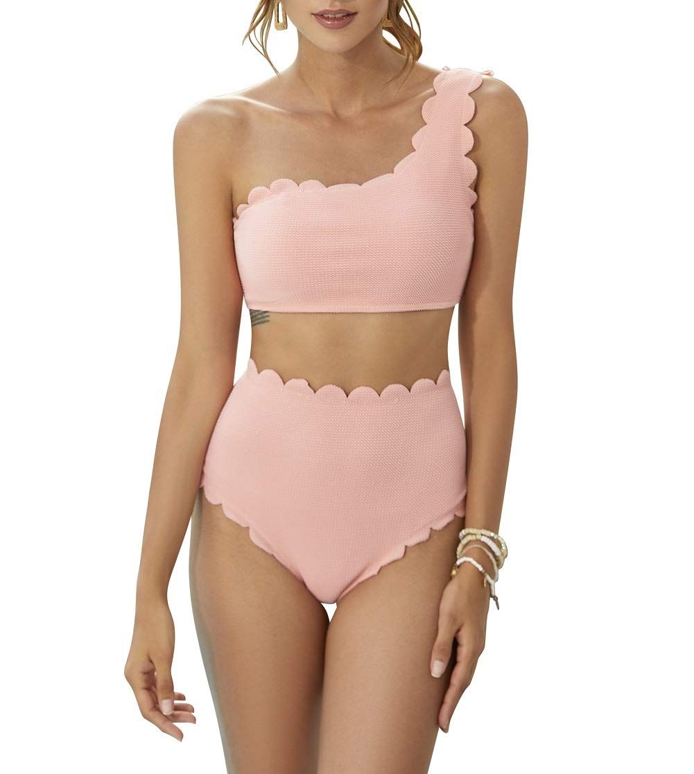 Women's 2 Piece High Waisted Bikini Set Off Shoulder Elastic Swimwear Petals Solid Wavy Edge One-... | Amazon (US)