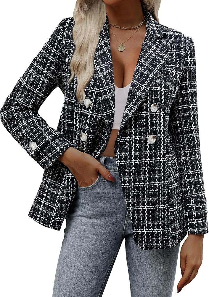 Angashion Womens Tweed Blazer Jackets: Fashion Casual Open Front Elegant Houndstooth Plaid Jacket... | Amazon (US)