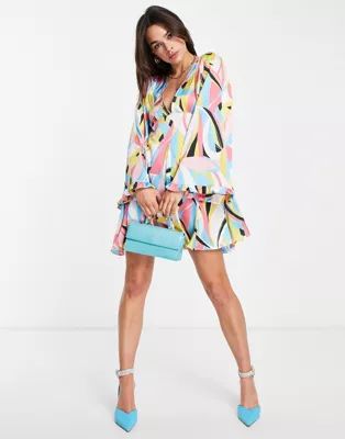 ASOS DESIGN mini smock dress with godets and flared sleeves in swirl print | ASOS (Global)